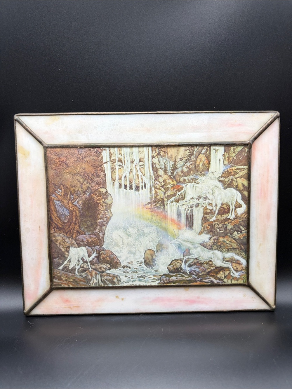 Vintage Unicorn Motif Pink Stained Glass Wall Hanging Artwork Whimsy Fairy Art